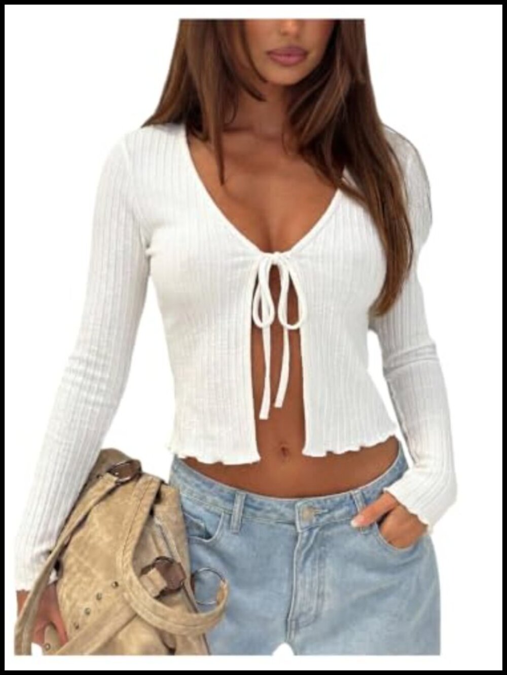 Women's Tie Front Shrug Cardigan Ruffle Hem Knit Long Sleeve